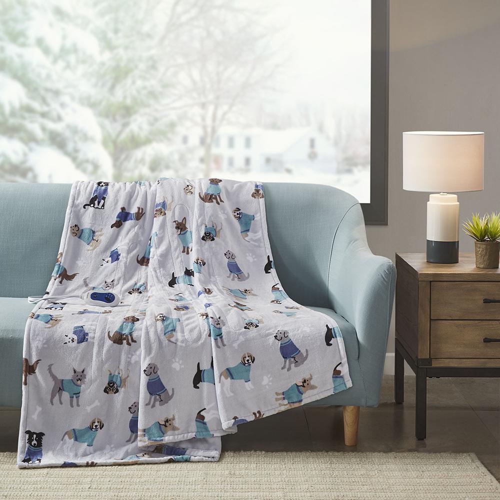 100% Polyester Oversized Plush Printed Heated Throw - 60x70" - Grey Dogs. Picture 1