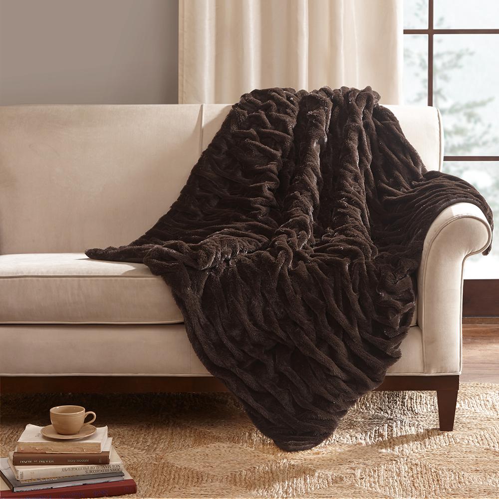 100% Polyester Solid Ruched Long Fur Knitted Throw by the Belen Kox Grey. Picture 6