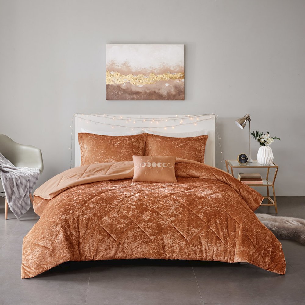 Felicia Velvet Comforter Set with Throw Pillow in Rust Color. Picture 5