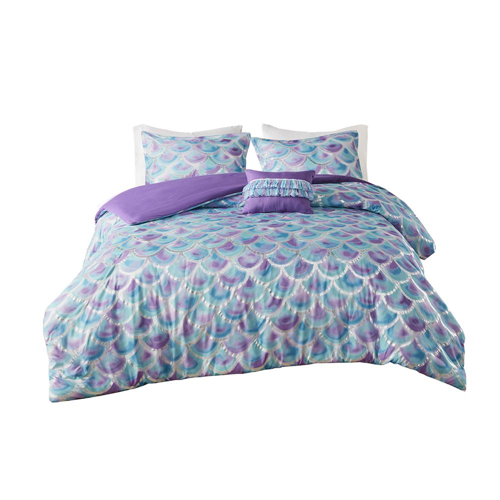100% Polyester Metallic Printed Duvet Cover Set, Teal/Purple. Picture 2