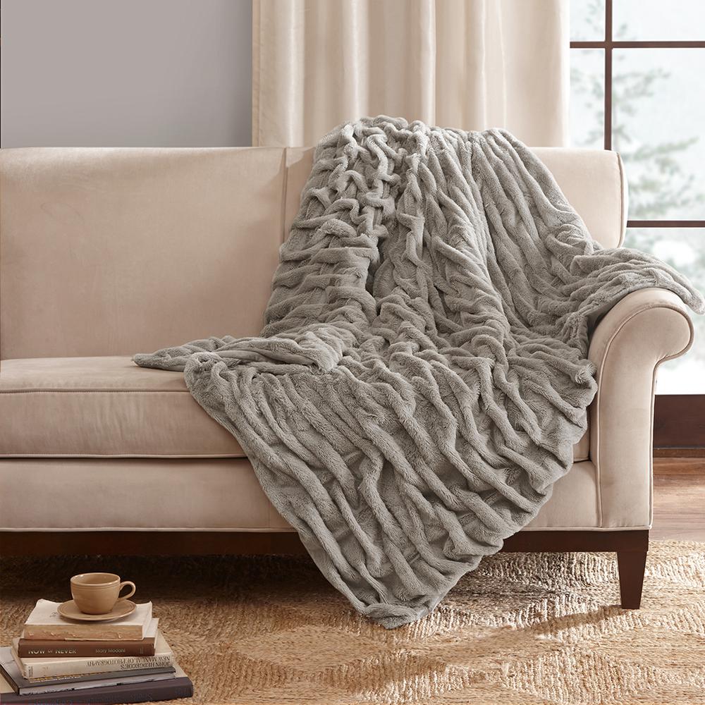 100% Polyester Solid Ruched Long Fur Knitted Throw by the Belen Kox Grey. Picture 4