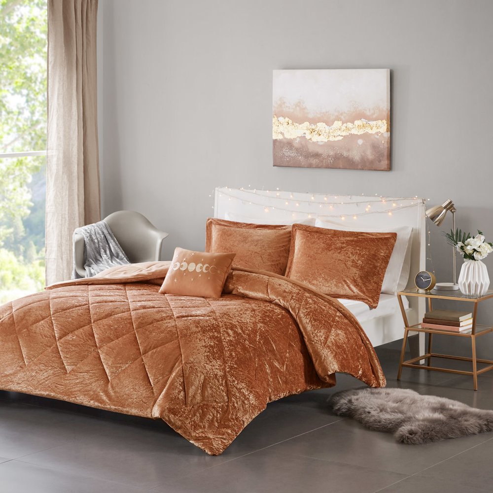 Felicia Velvet Comforter Set with Throw Pillow in Rust Color. Picture 1