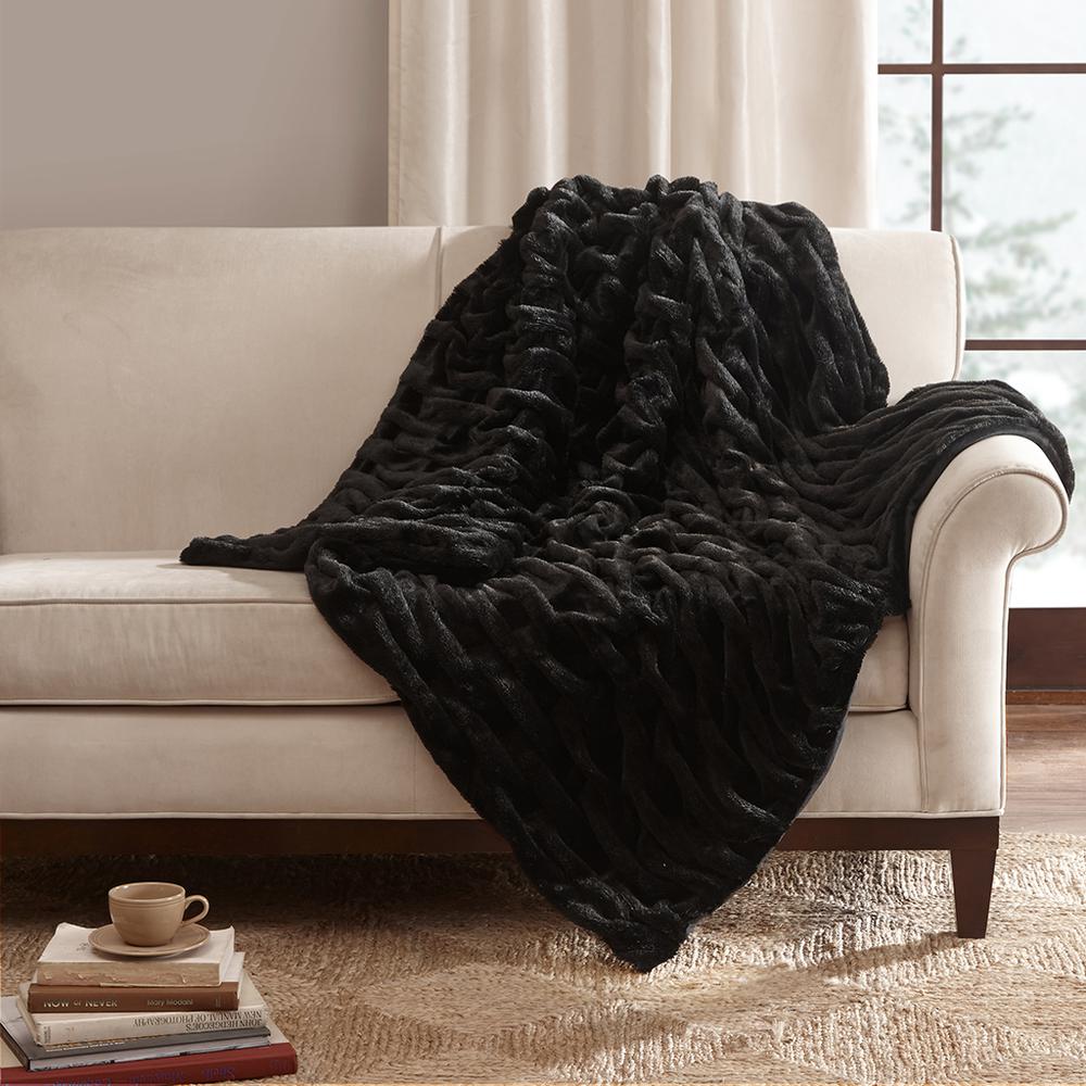 100% Polyester Solid Ruched Long Fur Knitted Throw by the Belen Kox Grey. Picture 3