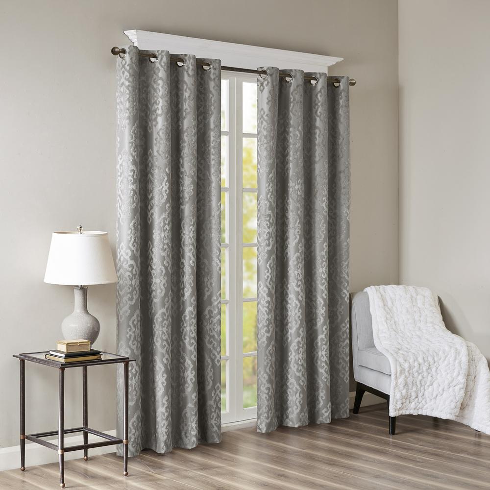 Knitted Jacquard Damask Total Blackout Grommet Top Curtain Panel. Picture 1