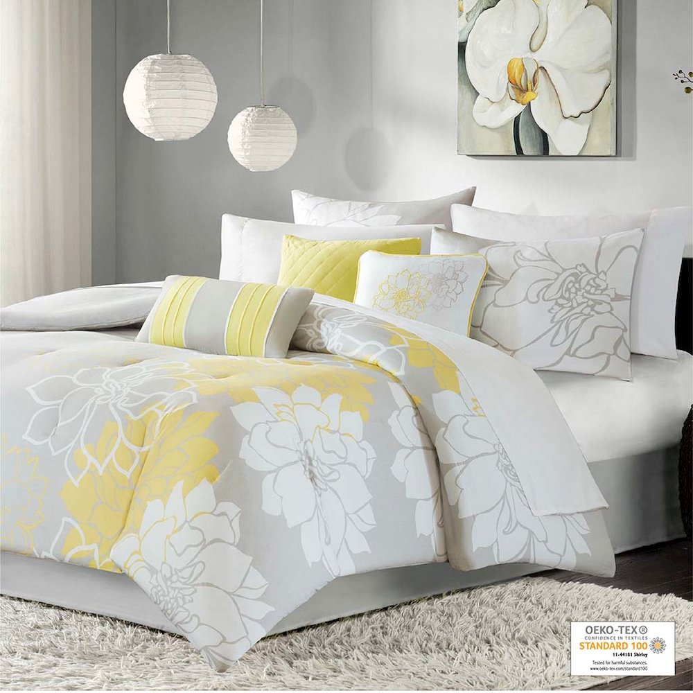 Lola Printed Cotton Sateen Comforter Set, Taupe Grey/Yellow color. Picture 1