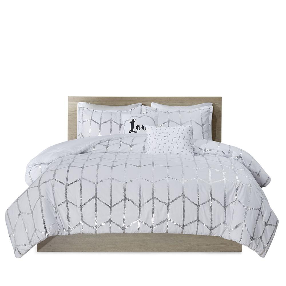 White and Silver Metallic Printed Comforter Set, Belen Kox. Picture 1
