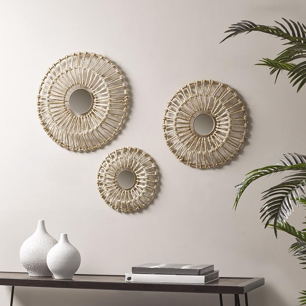 Round Natural Fiber and Mirror 3-piece Wall Decor Set. Picture 5