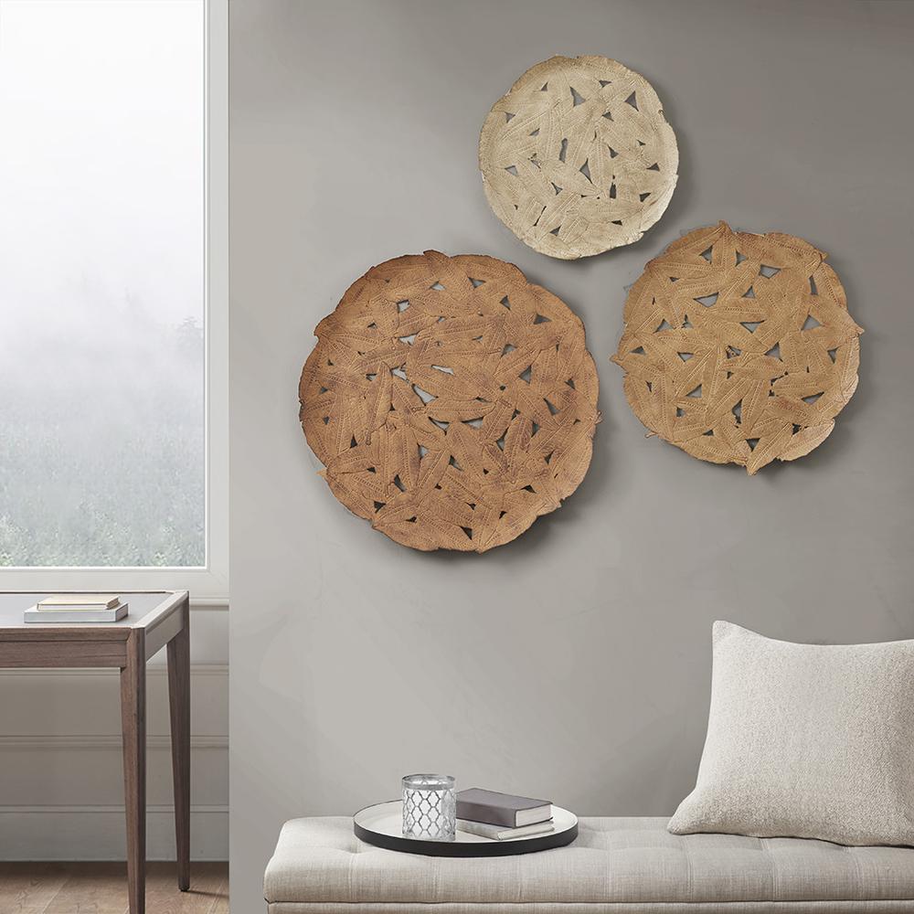 Textured Feather 3-piece Metal Disc Wall Decor Set. Picture 3