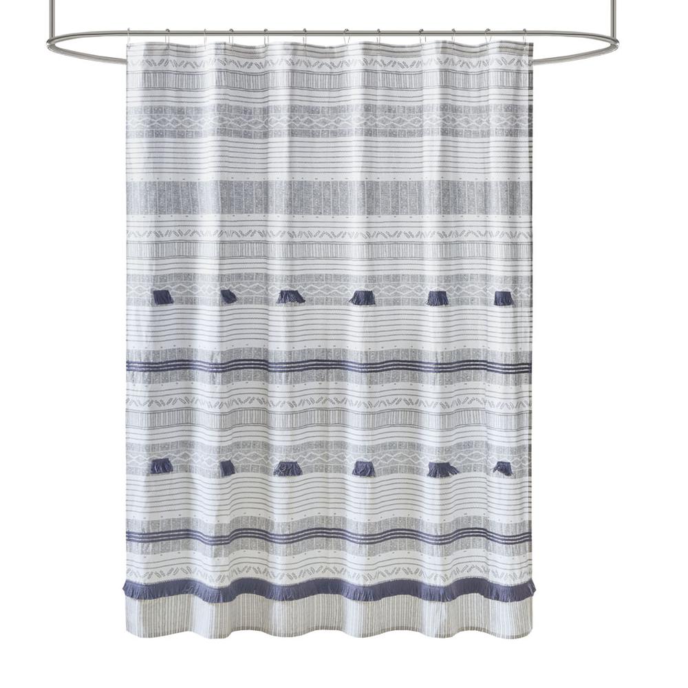 Cotton Stripe Printed Shower Curtain with Tassel. Picture 3