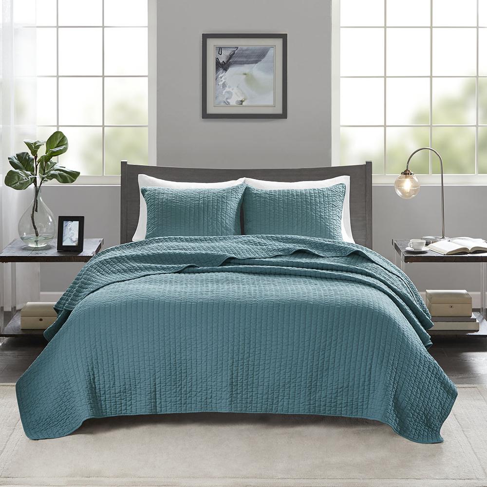 100% Polyester Solid Brushed Coverlet Set Teal. Picture 10