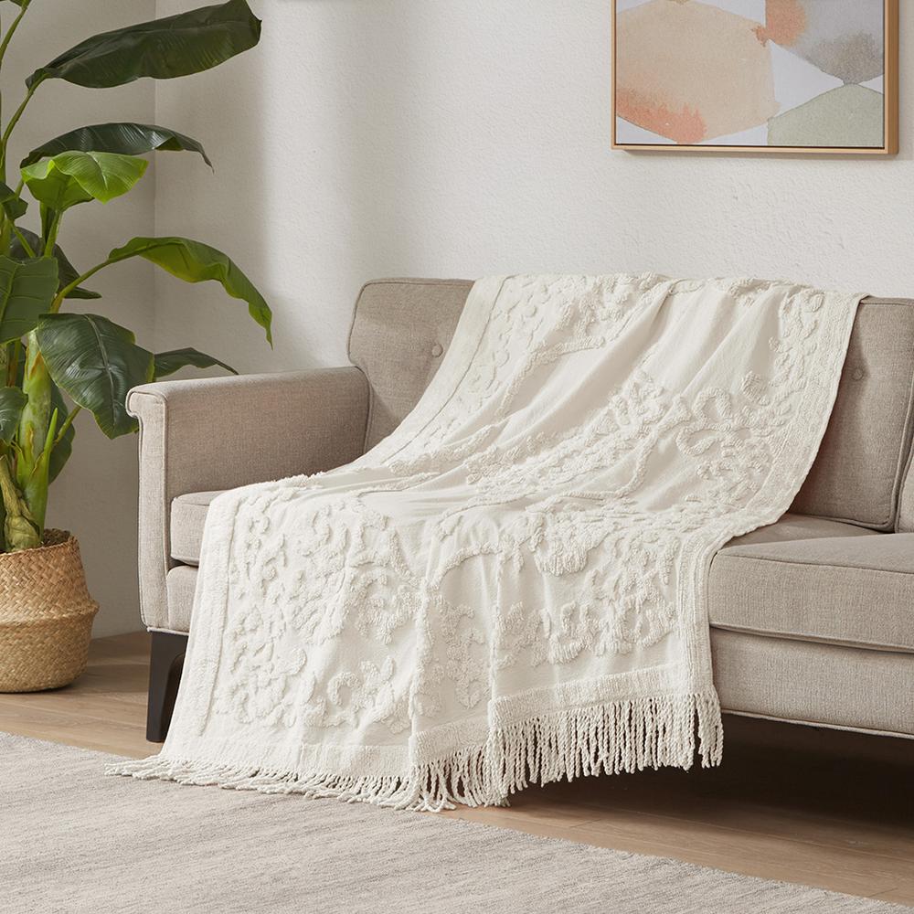 100% Cotton Tufted Chenille Lightweight Throw With Fringe Tassel 50" x 60". Picture 4