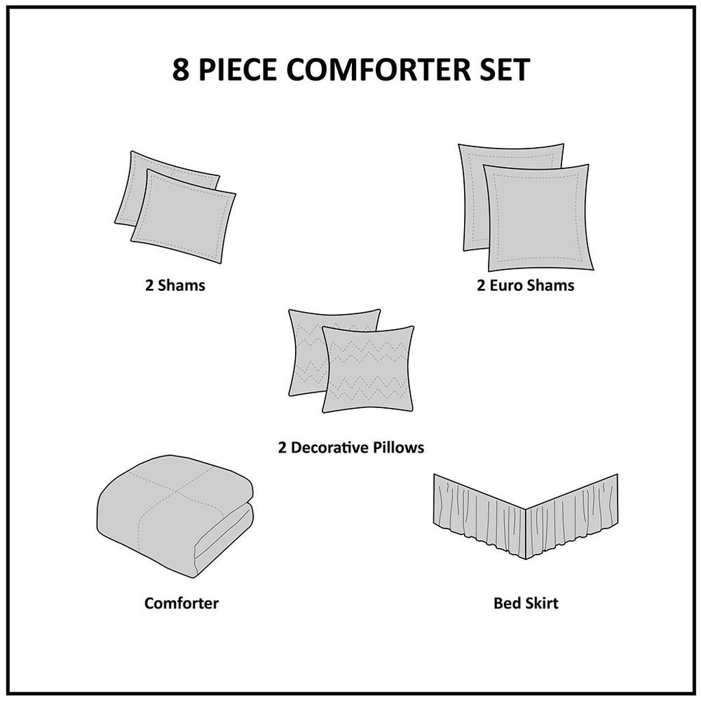 100% Polyester 8pcs Comforter Set Grey Cal King:104"Wx92"L/20"Wx36"L(2)/72"Wx84"L+15"D/12"Wx18"L/18"Wx18"L/26"Wx26"L(2). Picture 8