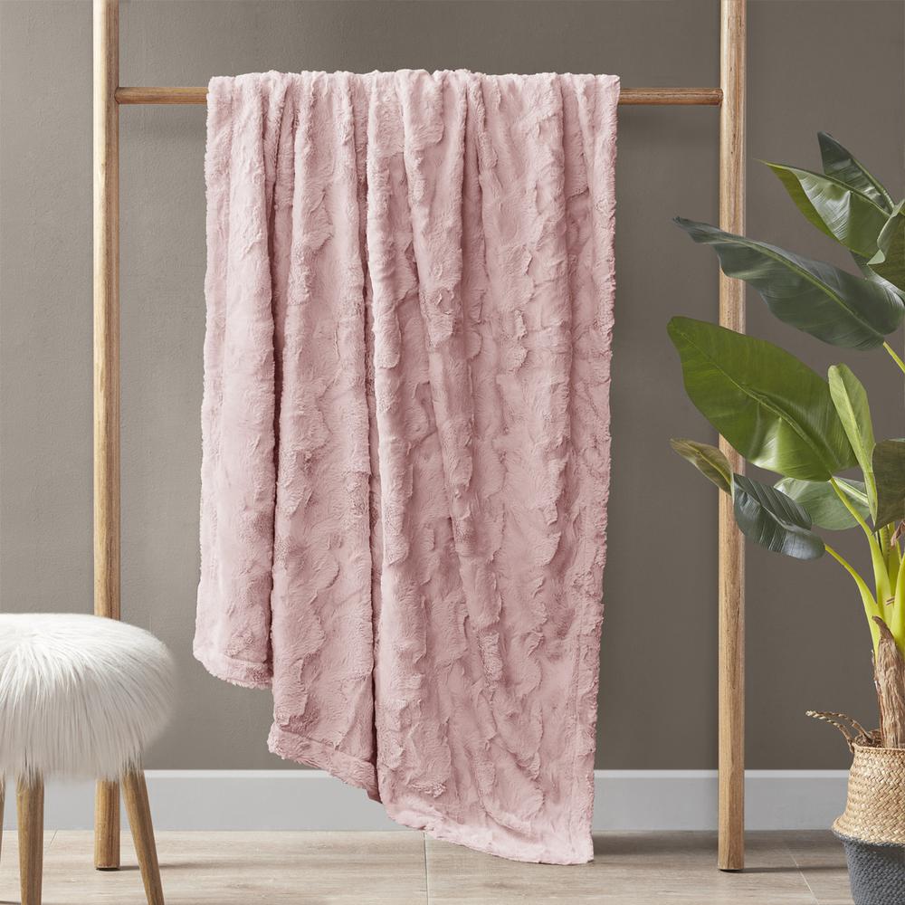 100% Polyester Solid Brushed Long Fur Throw, Blush. Picture 3