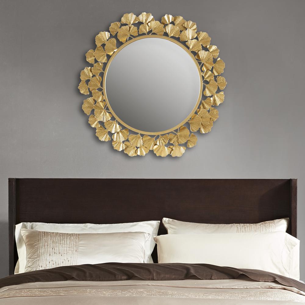 Gold Gingko Leaf Round Wall Mirror 30.5". Picture 2