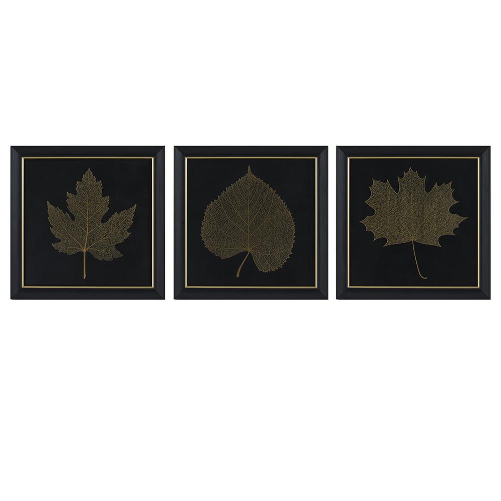 Gold Metallic Leaf Square Framed Graphic Wall Decor 3-Piece Set. Picture 4