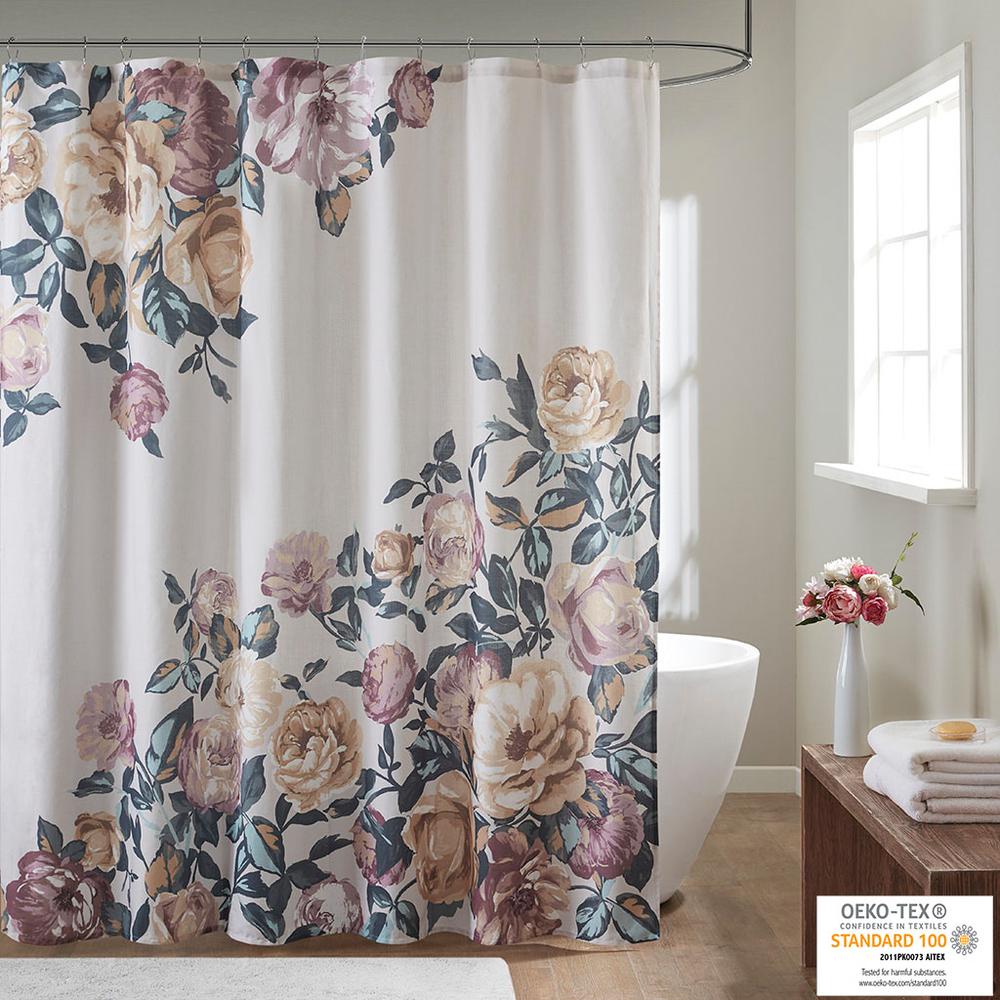 Cotton Floral Printed Shower Curtain. Picture 1