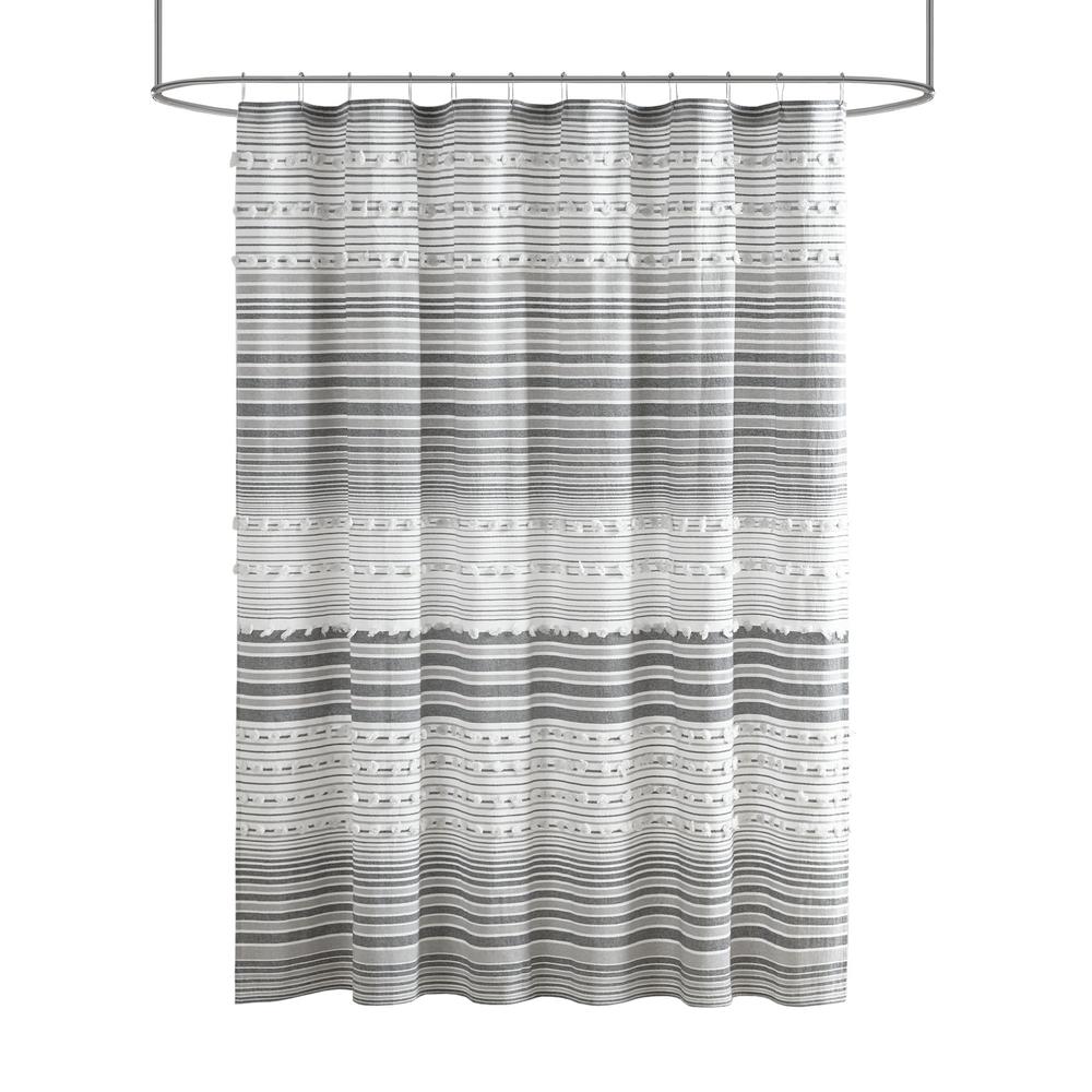 Calum Yarn Dye Shower Curtain with Pompoms - Grey, Belen Kox. Picture 1