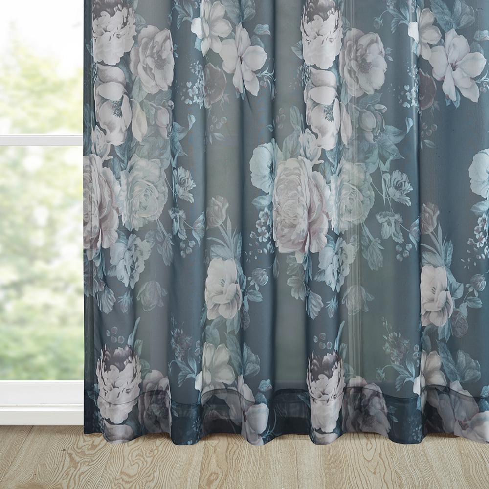 Printed Floral Rod Pocket and Back Tab Voile Sheer Curtain. Picture 2