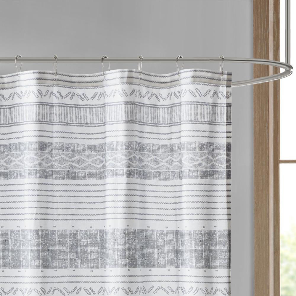 Cotton Stripe Printed Shower Curtain with Tassel. Picture 2