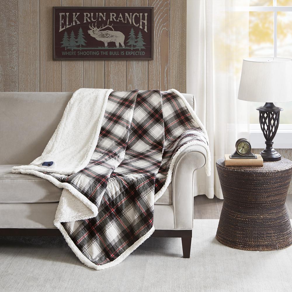 Oversized Plaid Print Faux Mink to Berber Heated Throw. Picture 1