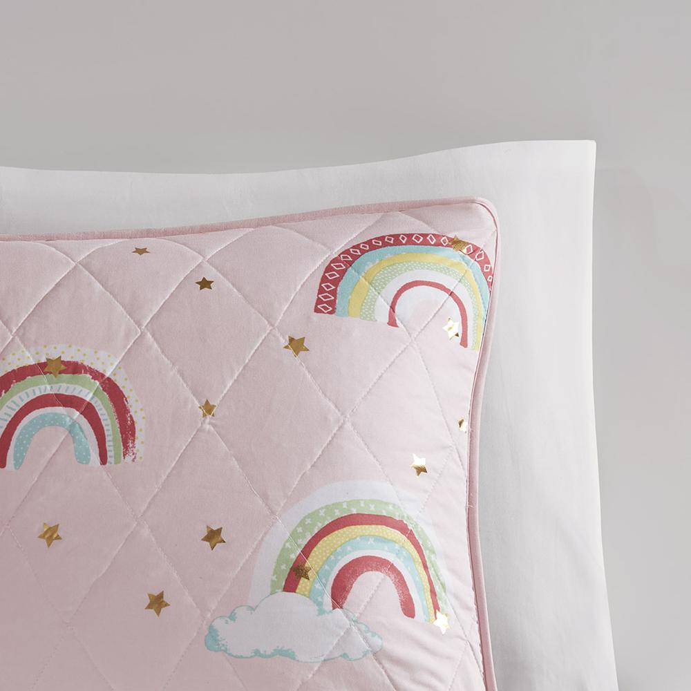 Rainbow with Metallic Printed Stars Reversible Quilt Set with Throw Pillow. Picture 3
