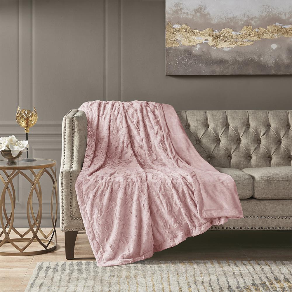 100% Polyester Solid Brushed Long Fur Throw, Blush. The main picture.