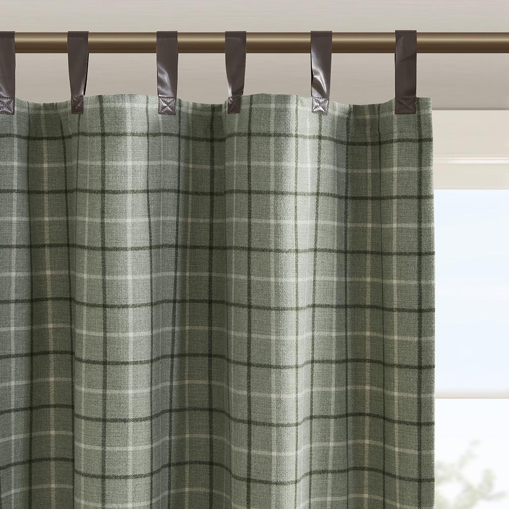 Plaid Faux Leather Tab Top Curtain Panel with Fleece Lining. Picture 1