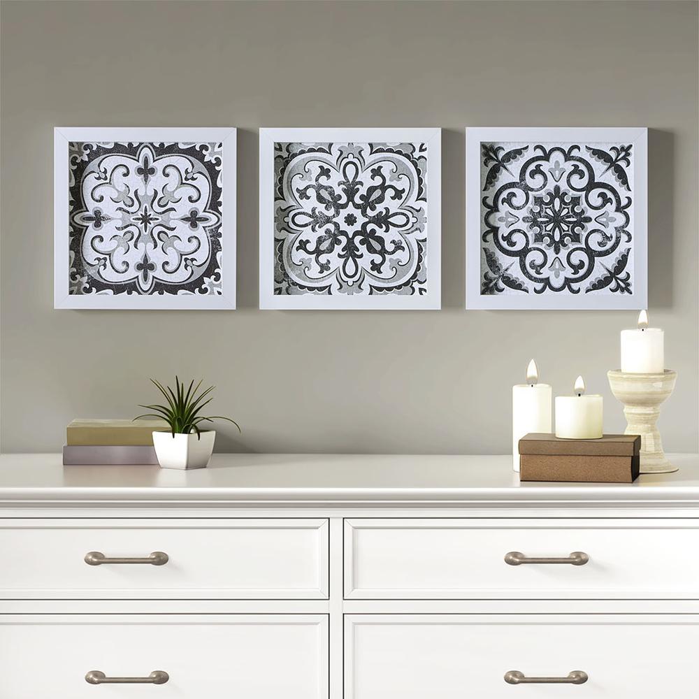 Distressed Black and White Medallion Tile 3-piece Wall Decor Set. Picture 3