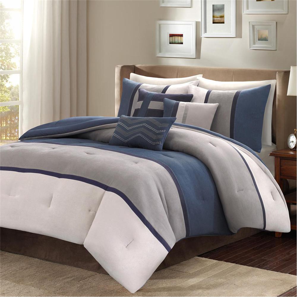 100% Polyester Microsuede Solid Pieced 7pcs Comforter Set by Belen Kox Blue. Picture 2