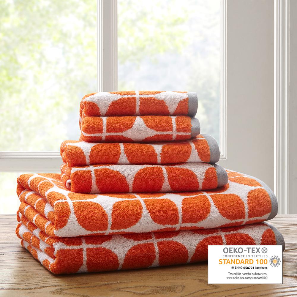 Reversible Orange Geometric 6pcs Jacquard Towel Set, Belen Kox. Picture 1