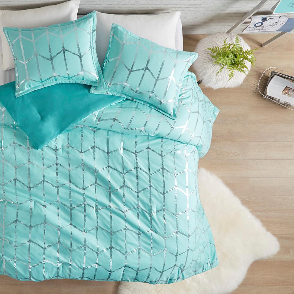 100% Polyester Comforter Set - Aqua/Silver. Picture 3