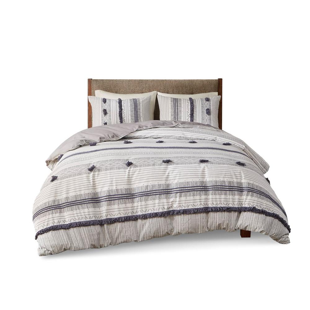 3 Piece Cotton Comforter Set, 104x92, Gray/Navy. Picture 1
