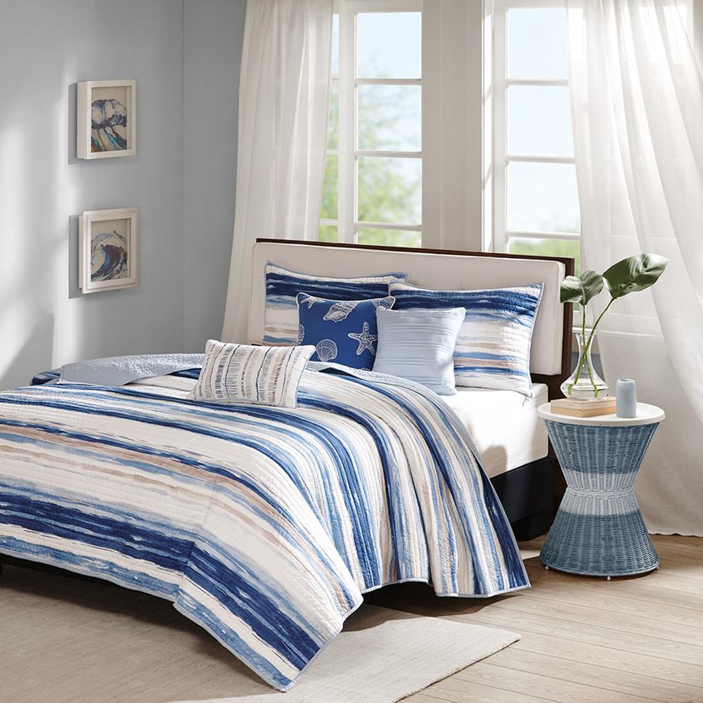 Coastal Watercolor Blue Quilted 6-Piece Coverlet Set, Belen Kox. Picture 1