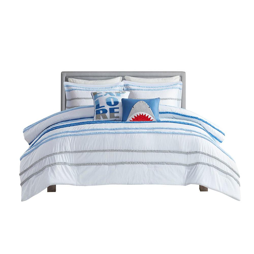 100% Cotton  Comforter Set w/ Chenille Trims, Blue. Picture 1