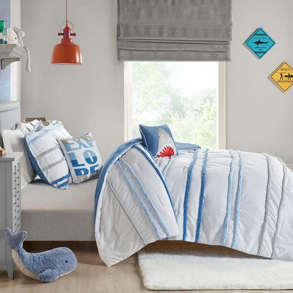 100% Cotton  Comforter Set w/ Chenille Trims, Blue. Picture 2