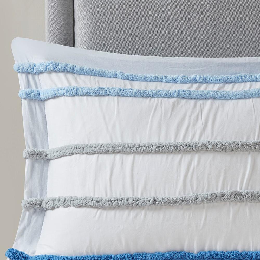 100% Cotton  Comforter Set w/ Chenille Trims, Blue. Picture 3