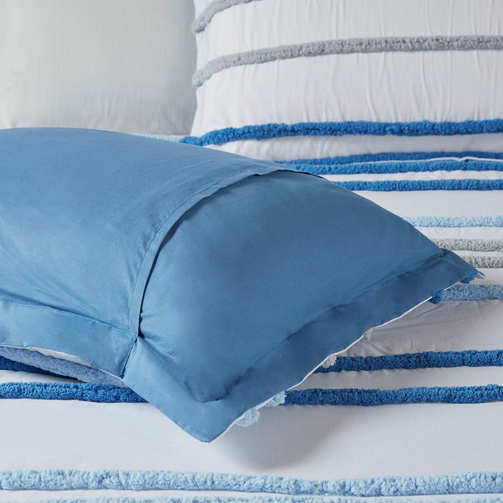 100% Cotton  Comforter Set w/ Chenille Trims, Blue. Picture 4