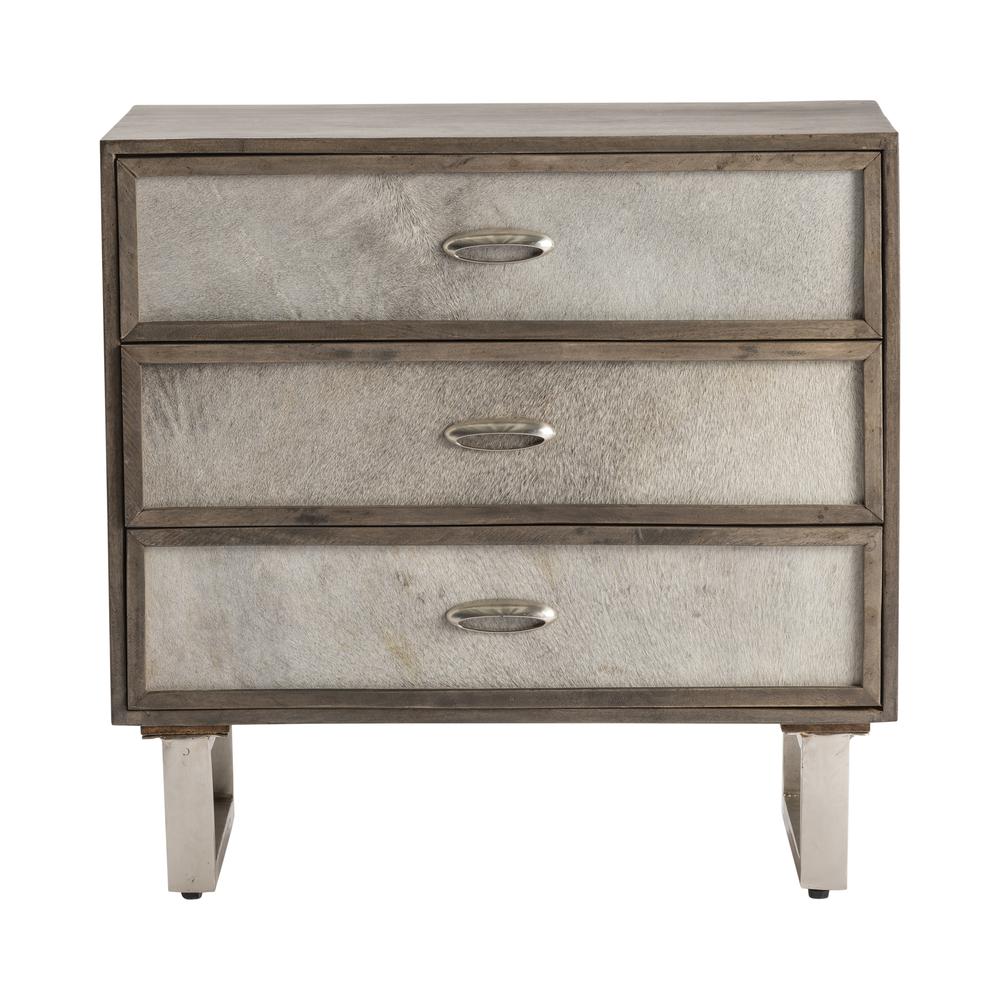 Theodore 3 Drawer Grey Cowhide Chest Wood Brown. Picture 1