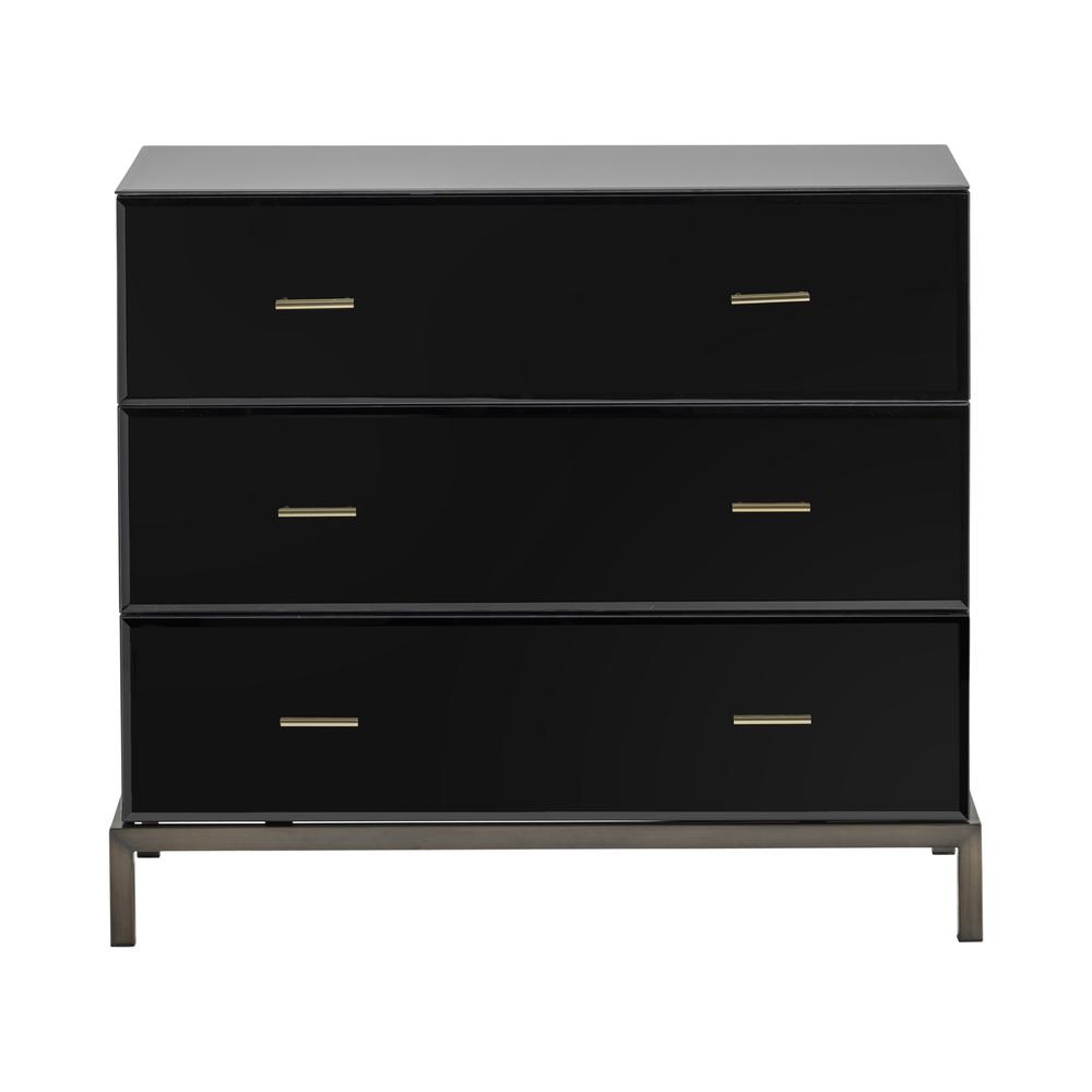 Crestview Collection Mercury Black Glass and Antique Brass 3 Drawer Chest. Picture 2