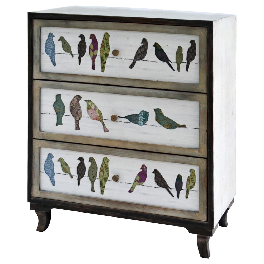 Crestview Collection Birds on a Wire 3 Drawer Painted Chest Furniture, White. Picture 1