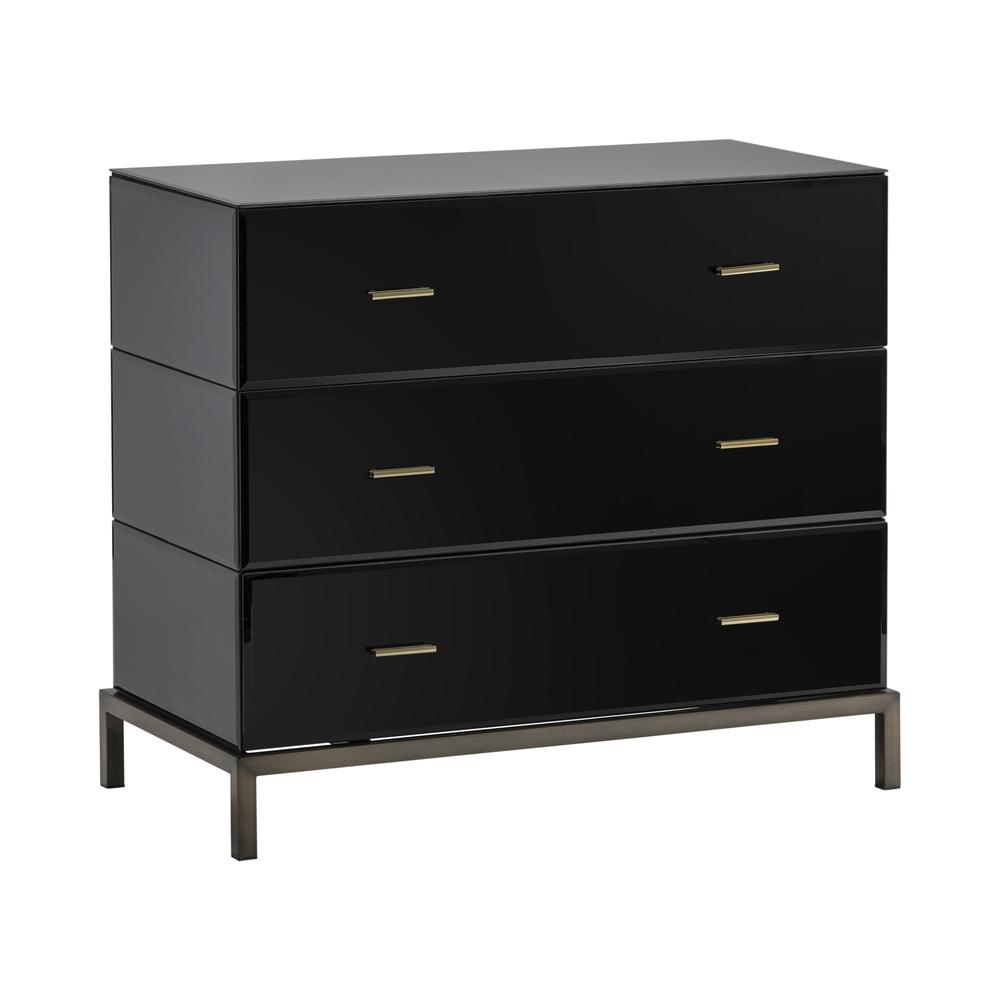 Crestview Collection Mercury Black Glass and Antique Brass 3 Drawer Chest. Picture 1