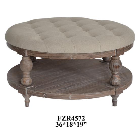 Tahoe Rustic Wood and Round Linen Ottoman. Picture 5