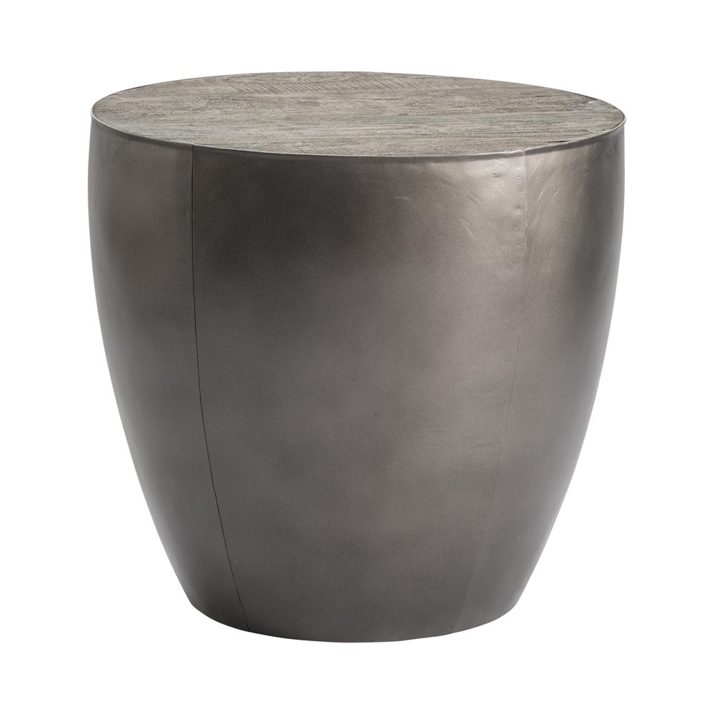 Bengal Manor Distressed Grey Mango Wood and Pewter Metal Drum Base Round End Table. Picture 1