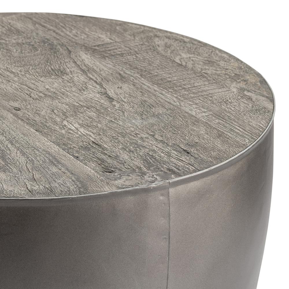 Bengal Manor Distressed Grey Mango Wood and Pewter Metal Drum Base Round End Table. Picture 2