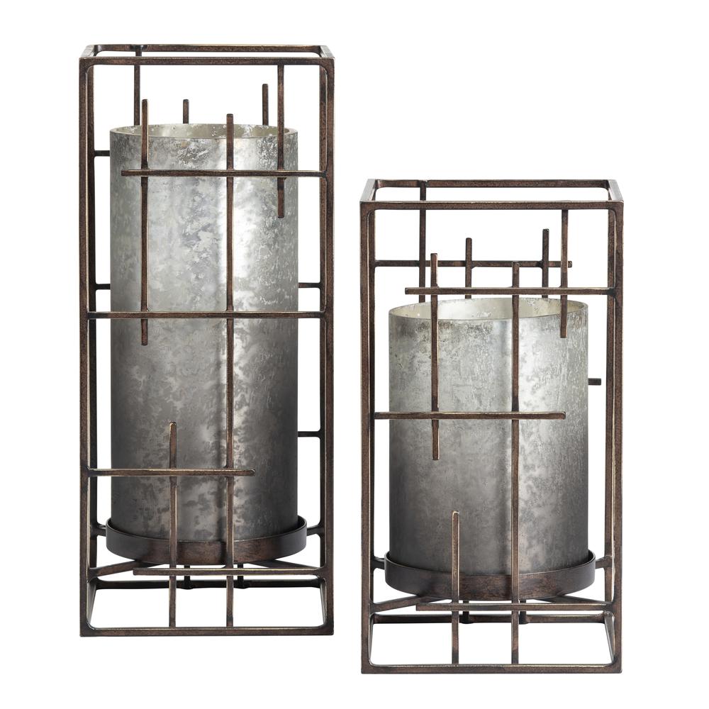 Crestview Collection Sutter Ombre Smoked Glass Hurricane Set, Charcoal & Pewter, Metal & Glass. Picture 1