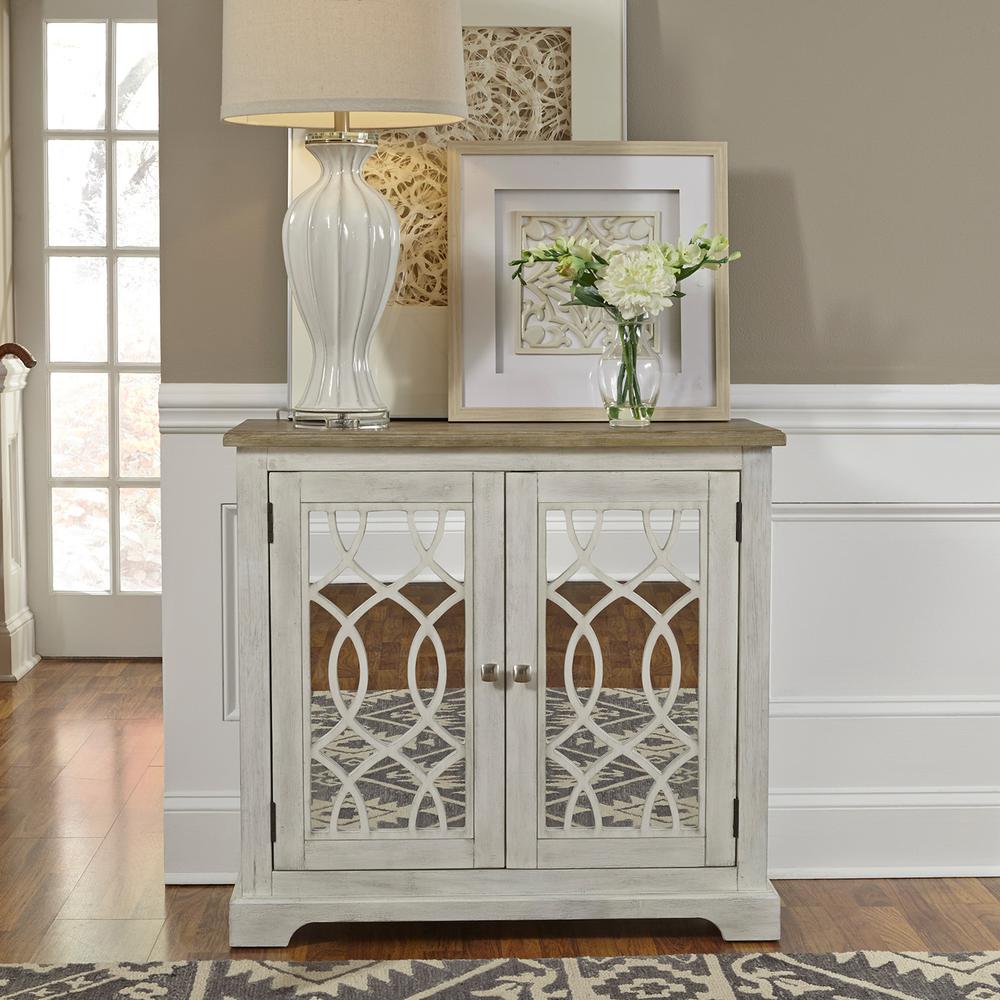 2 Door Mirrored Accent Cabinet, Antique White Finish with Weathered Bronze Tops. Picture 10
