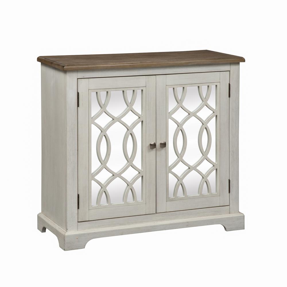 2 Door Mirrored Accent Cabinet, Antique White Finish with Weathered Bronze Tops. Picture 1