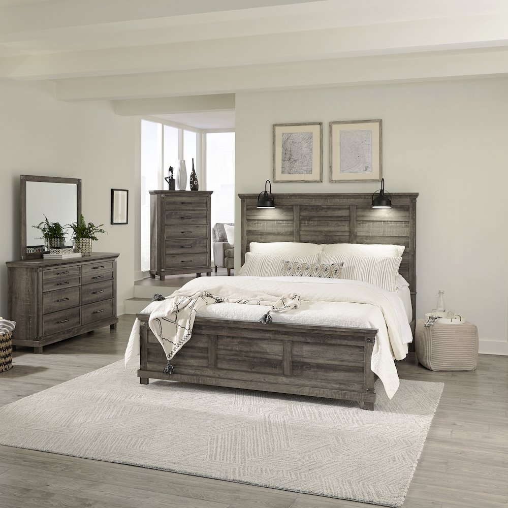 Lakeside Haven King Panel Bed, Dresser & Mirror, Chest - Brownstone. Picture 1