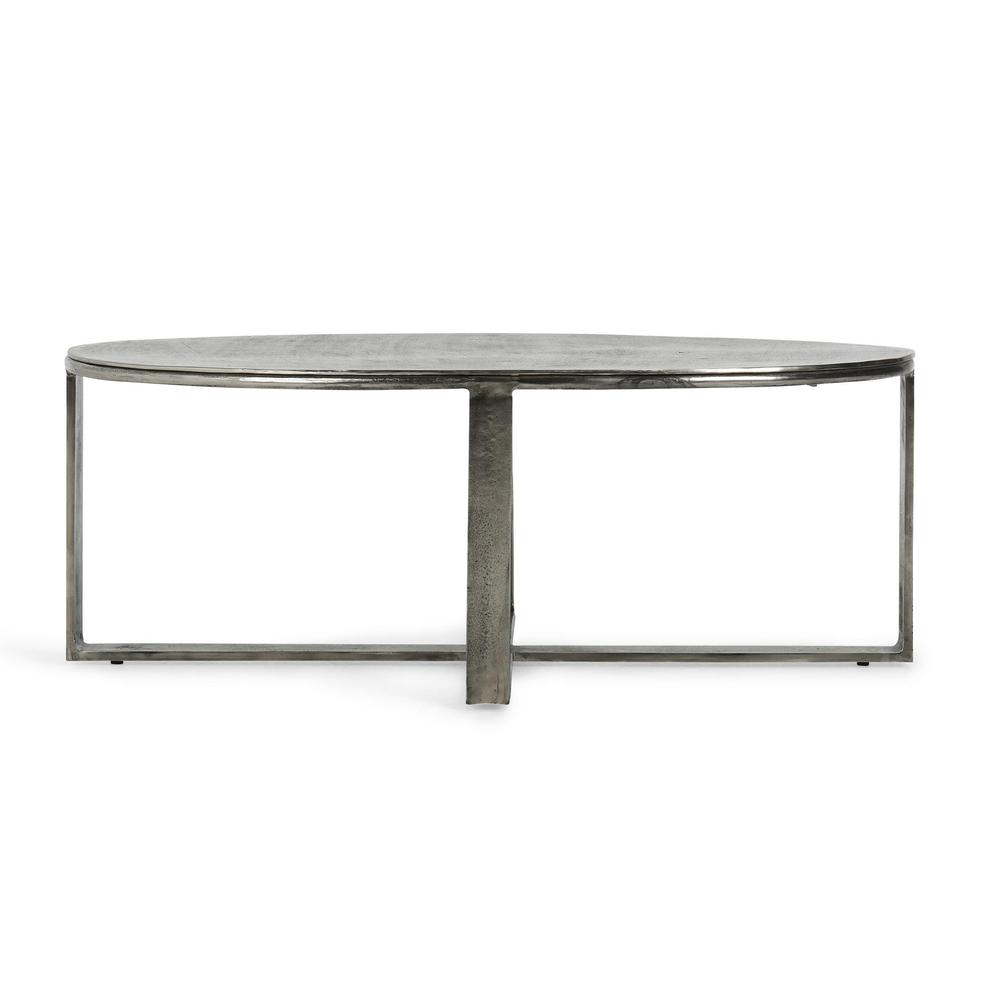 Flores 48" Industrial Oval Metal Nickel Coffee Table. Picture 2
