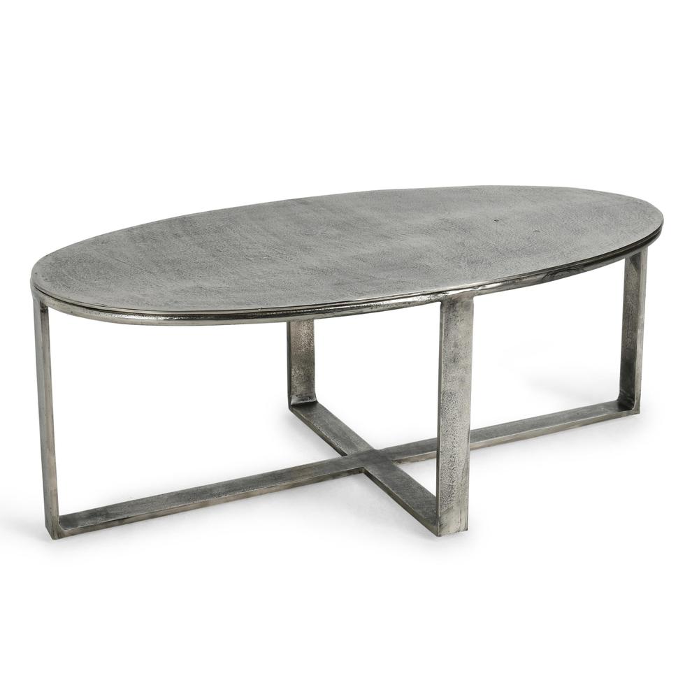 Flores 48" Industrial Oval Metal Nickel Coffee Table. Picture 6